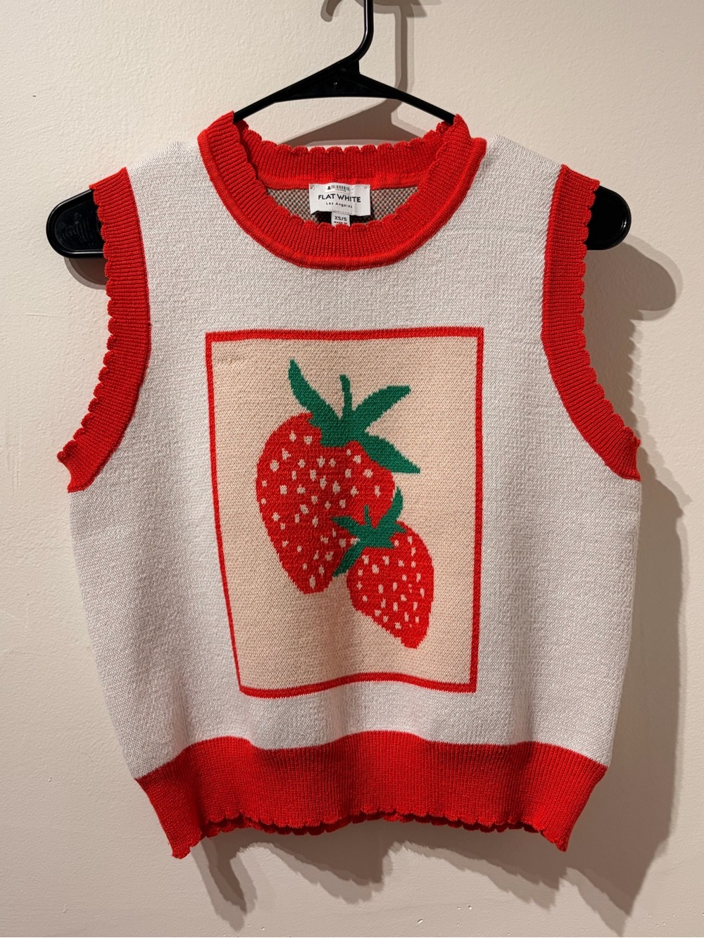 Flat White and Red Strawberry Cotton Blend Sweater Vest Size XS/Small